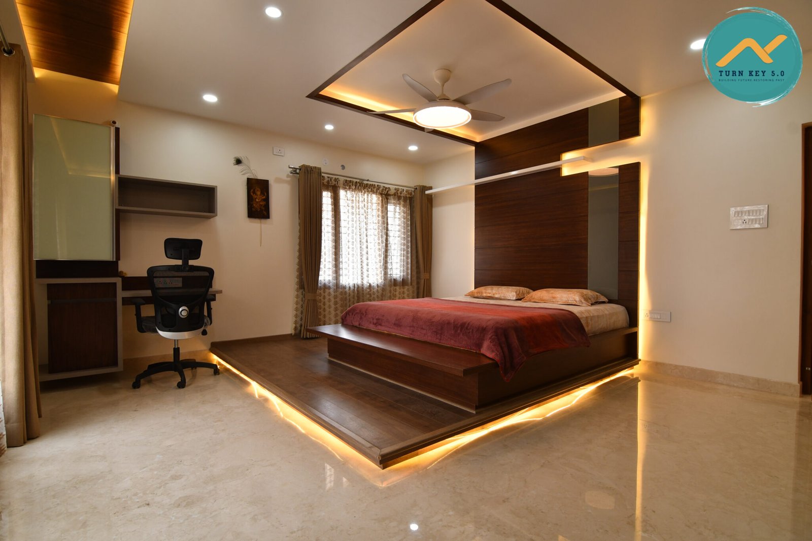 Cozy bedroom interior with soft lighting and elegant furniture